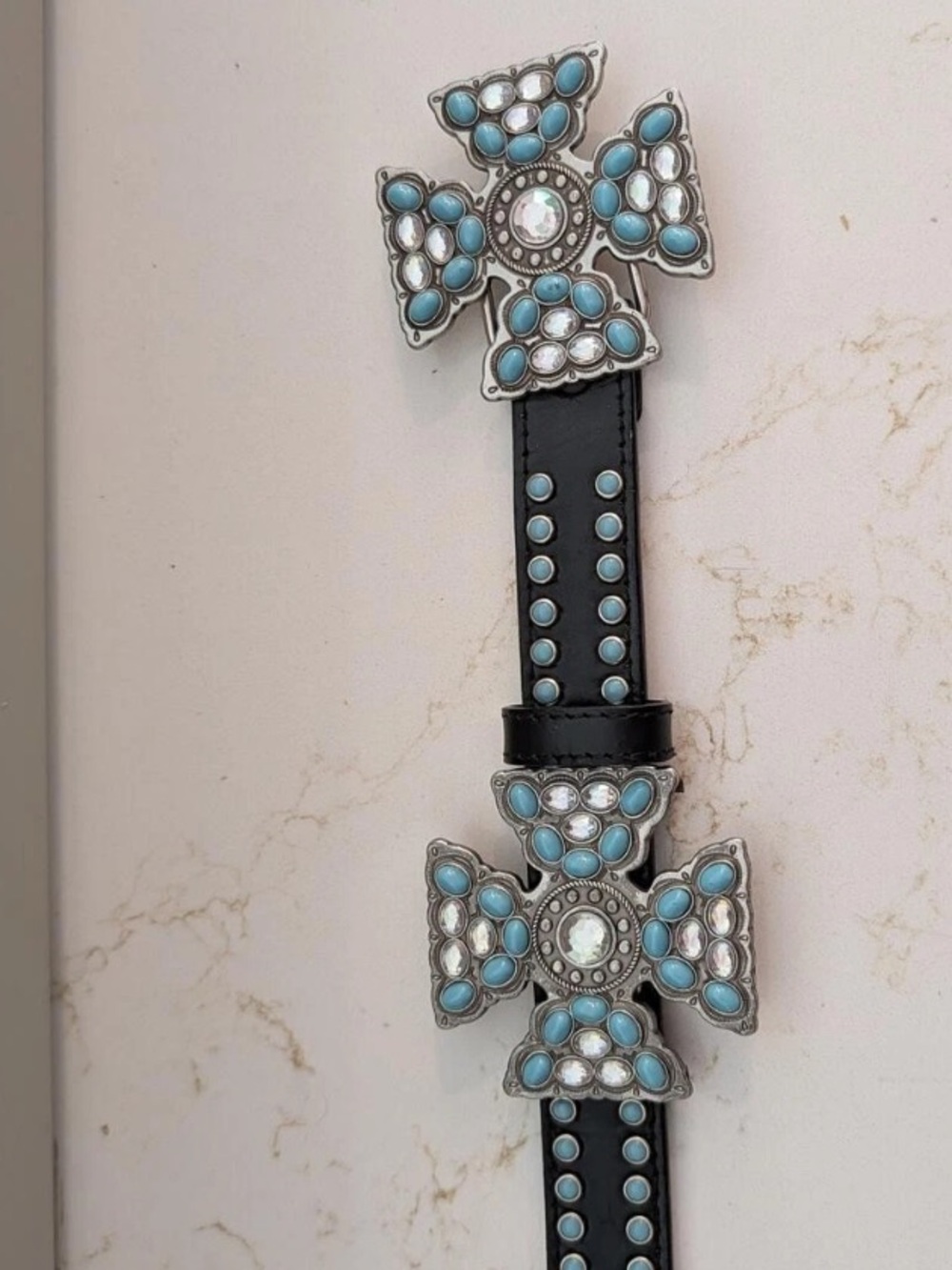 SSM black leather belt turquoise studs and turquoise cross Conchos L EUC